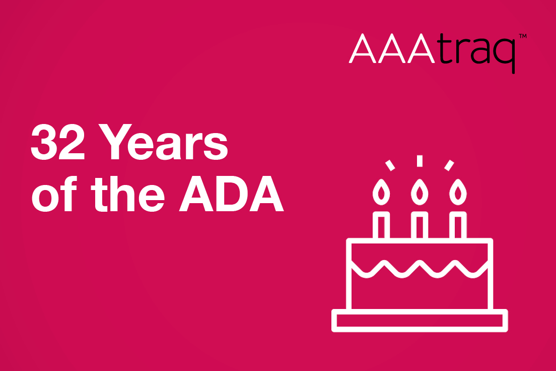 Infographic on pink background, AAAtraq logo, icon of a birthday cake and the text '32 Years of the ADA'