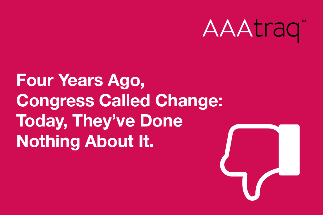 Infographic on red background, AAAtraq logo, thumbs down symbol and the text 'Four Years Ago, Congress Called Change: Today, They’ve Done Nothing About It'