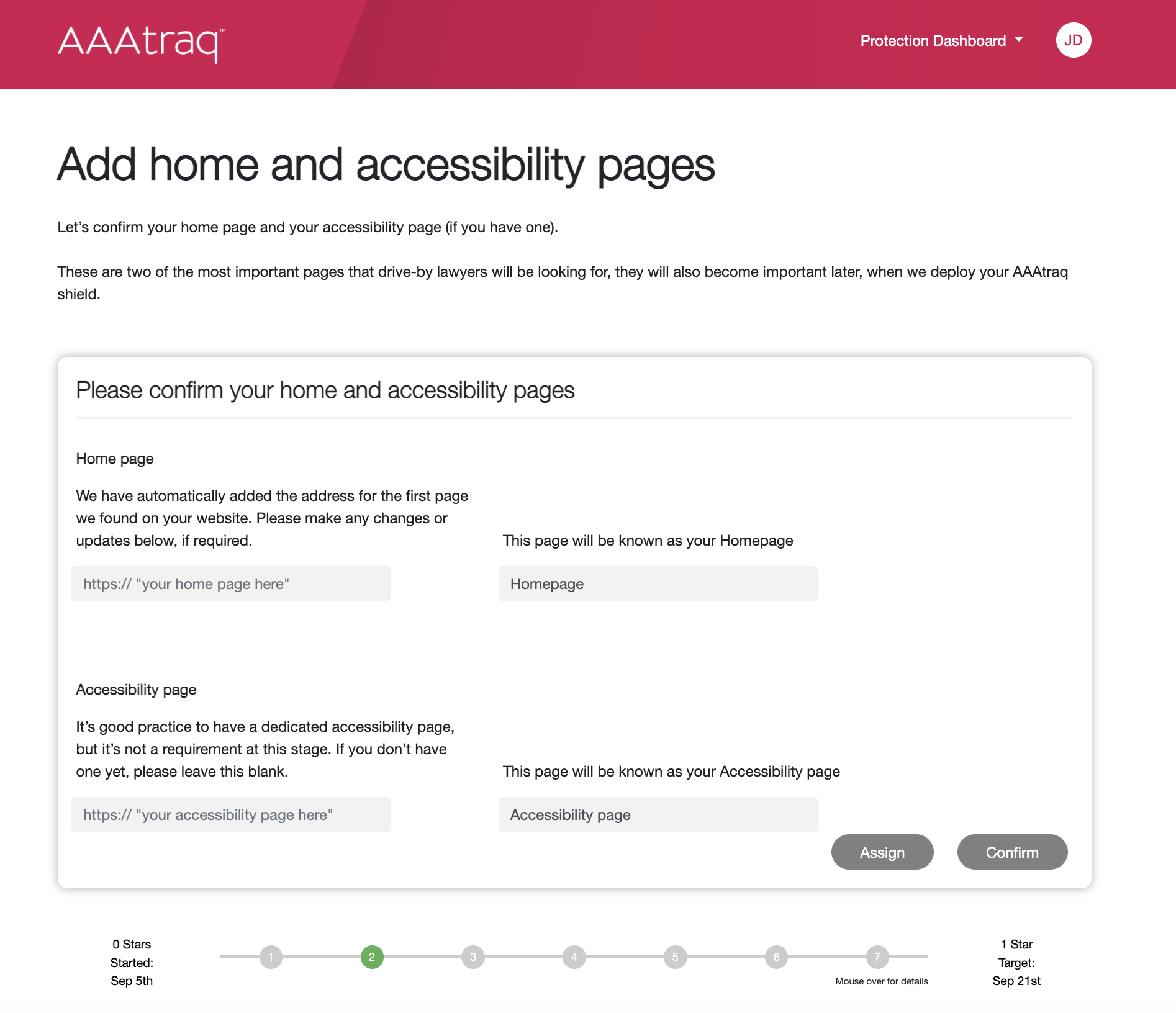 Screenshot of AAAtraq action 'Add Home and Accessibility Page'