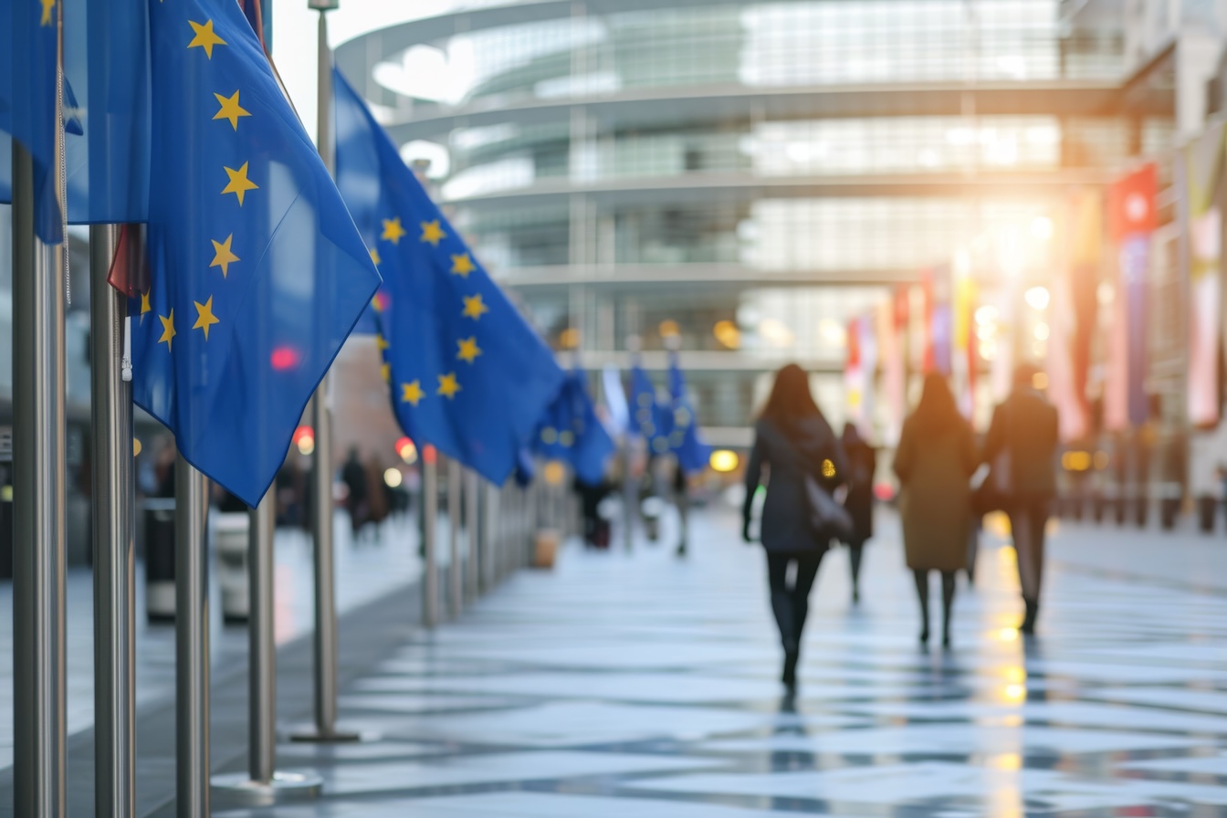 EU flag and people in background