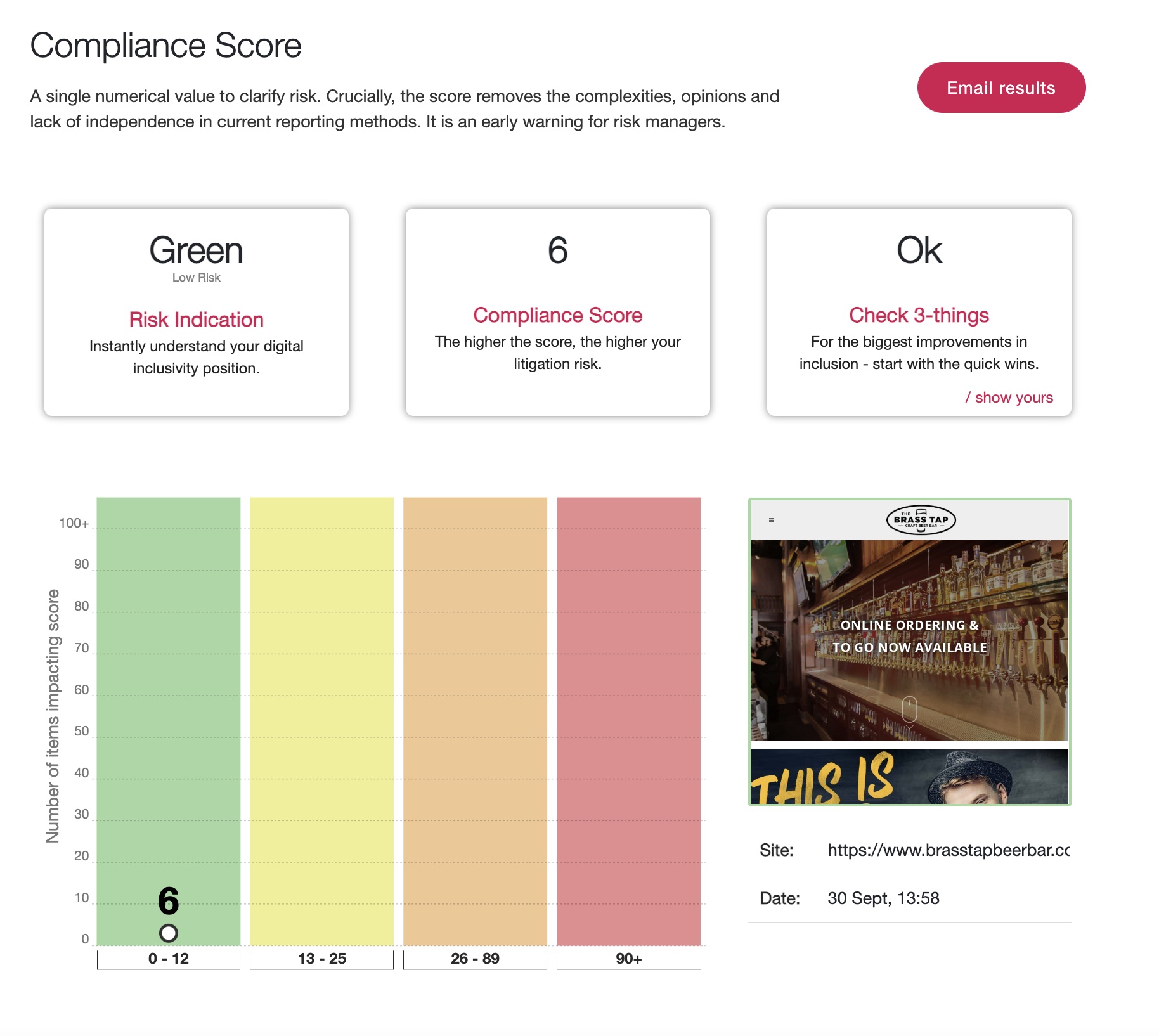 Screenshot of the Brass Tap Beer Bar website being run through AAAtraq