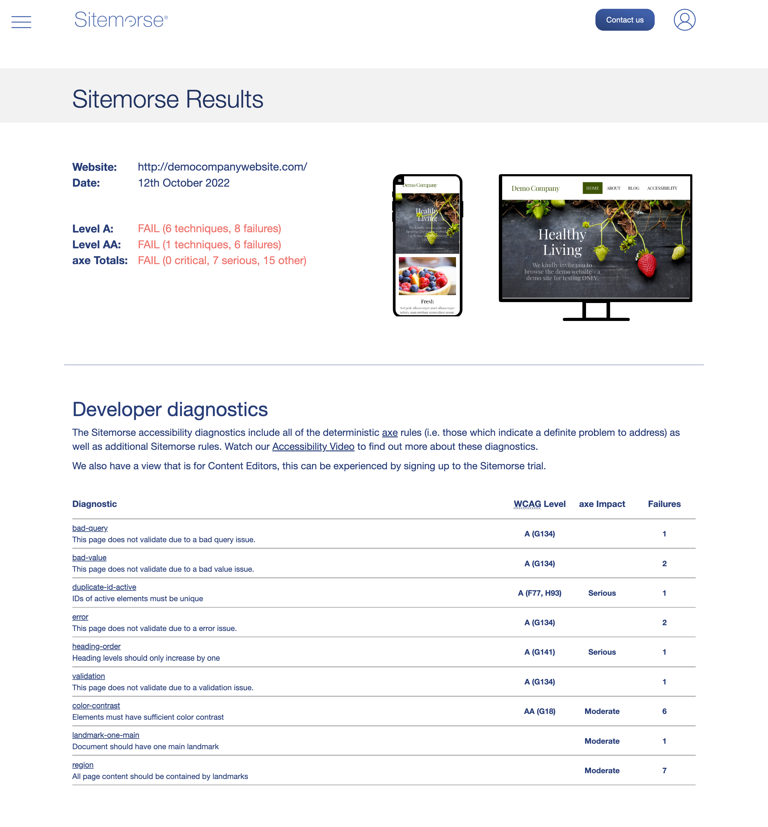 Screenshot of Sitemorse Check Page Once An Assessment Has Been Run