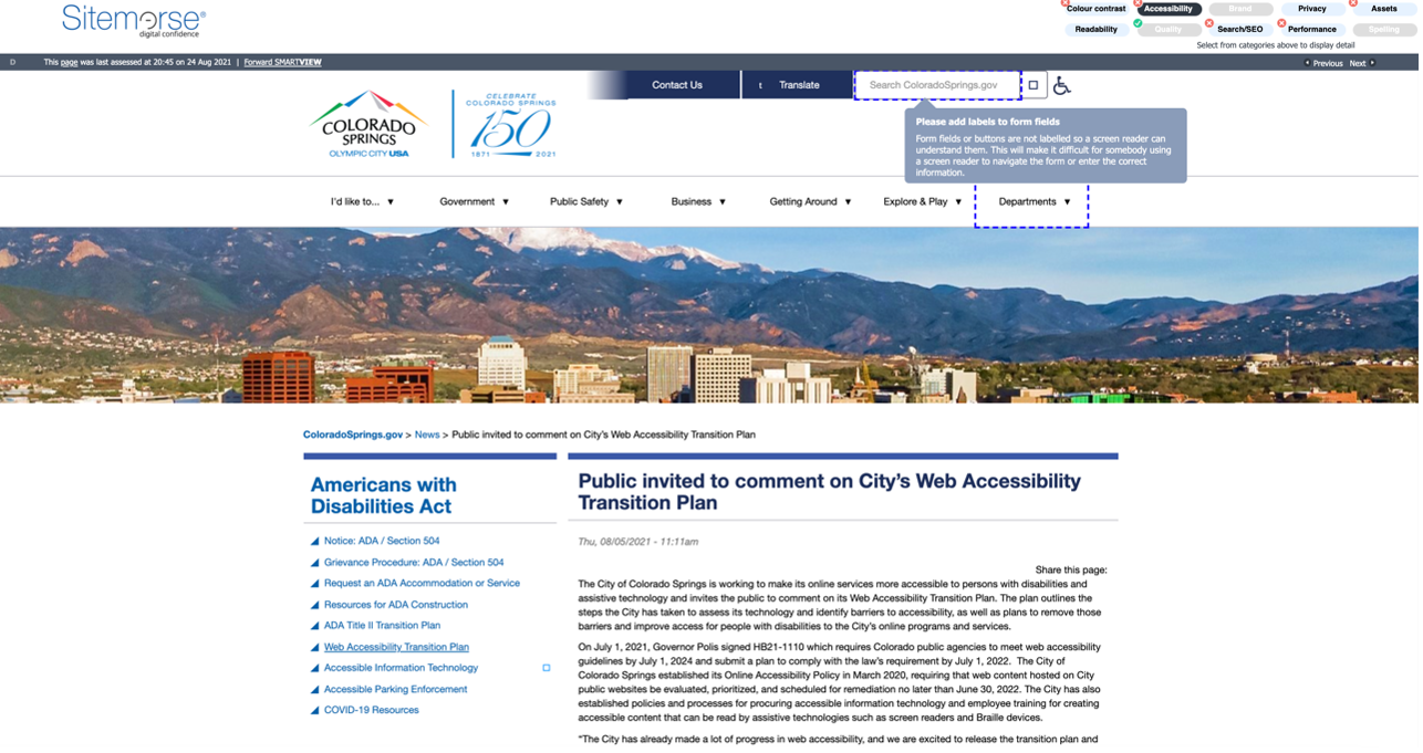 Figure 3. Image of the City of Colorado springs webpage which is asking for feedback on the accessibility of the city's facilities, showing issue with image missing form field label highlighted with b