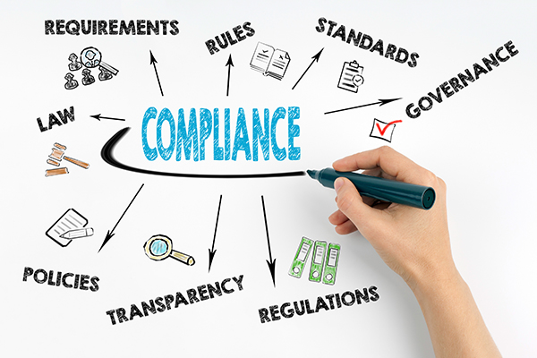 Graphic with the word 'Compliance' in the centre with a pen, arrows and icons pointing to the words, 'Requirements, Rules, Standards, Governance, Regulations, Transparency, Policies, and Law.