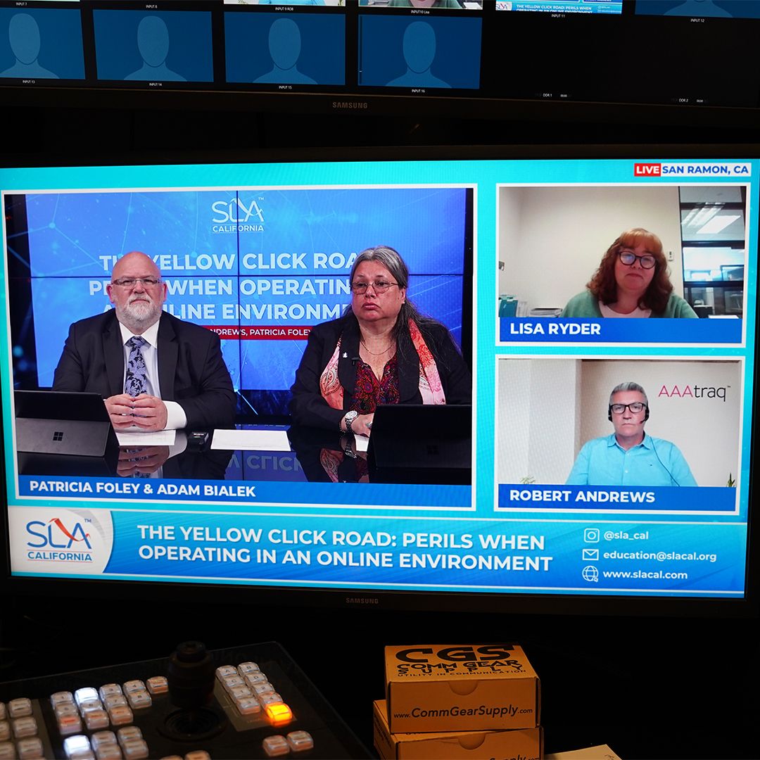 Screen showing Patricia Foley & Adam Bialek at the event and Lisa Ryder and Robert Andrews joining virtually. SLA Branding, Text 'he Yellow Click Road: Perils When Operating In An Online Environment’'