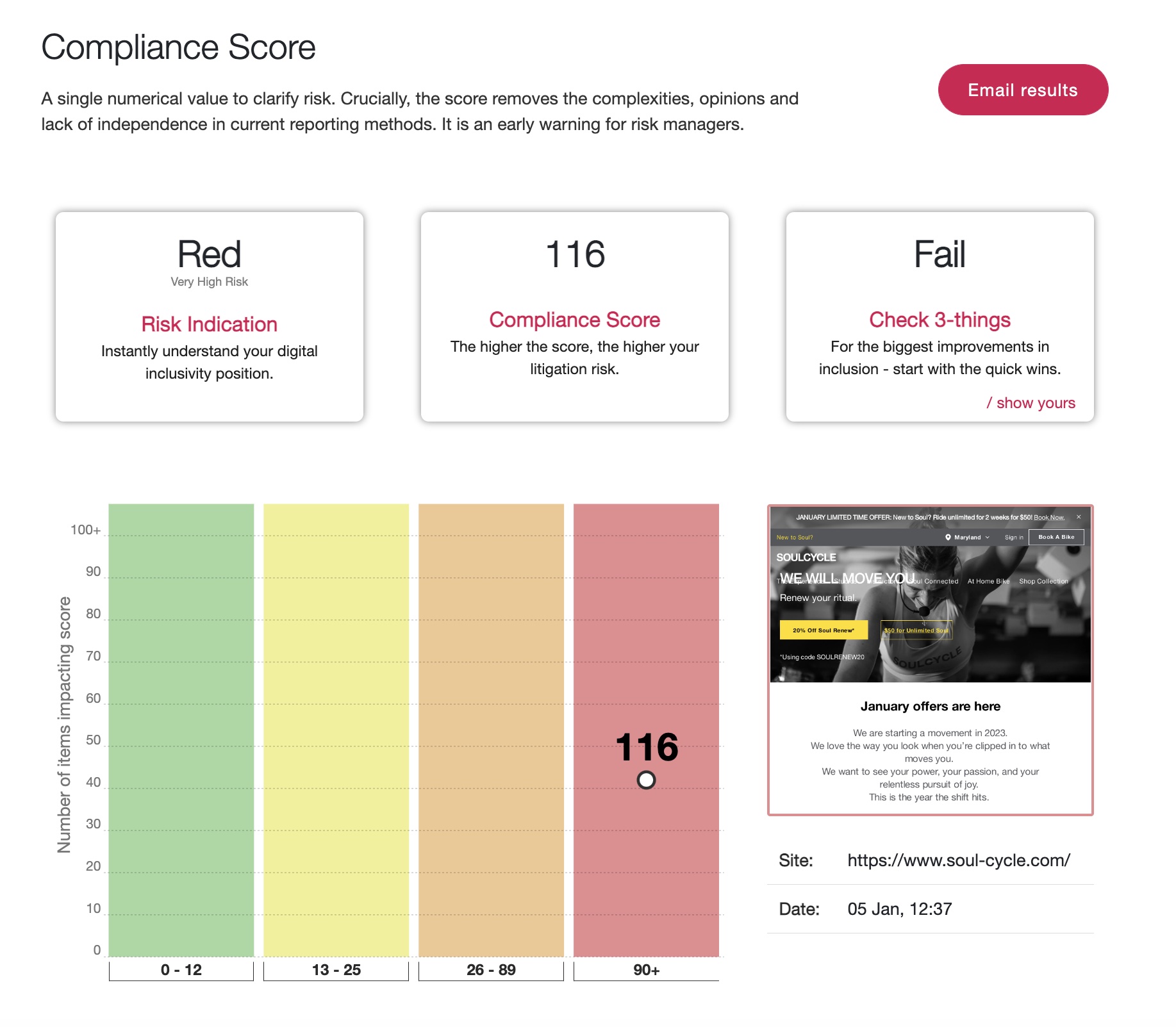 Screenshot of the SoulCycle website being run through AAAtraq