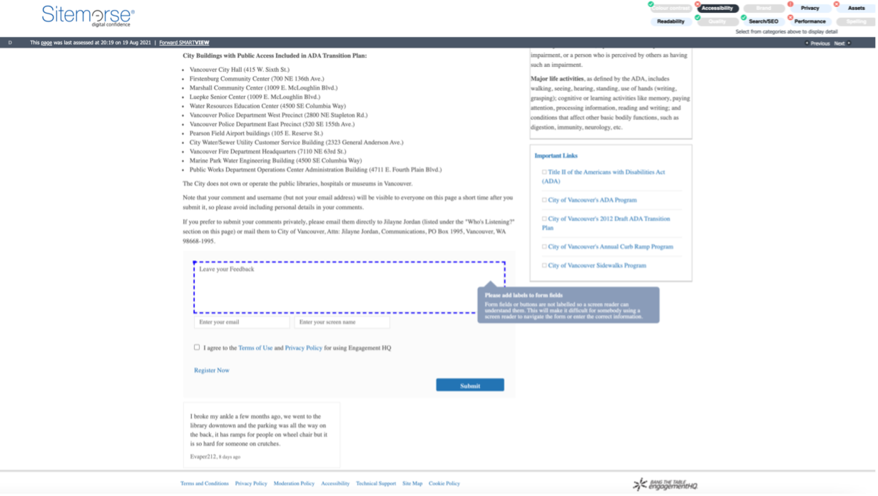 Figure 2. Image of the City of Vancouver webpage which is asking for feedback on the accessibility of the city's facilities, showing issue with image missing form field label highlighted with blue box